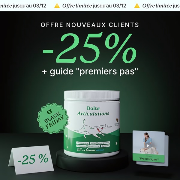 A square ad creative featuring a 25% discount on dog joint supplements, including a bonus educational guide for new customers.